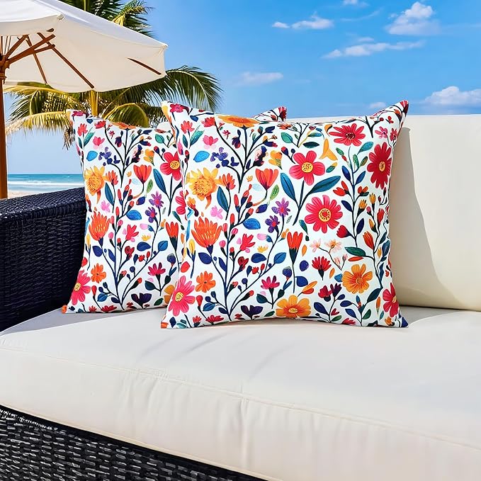 Outdoor Pillow Covers 18x18 Inch Set of 2 Floral Printed Boho Throw Pillows Cases Waterproof Square Garden Cushion Sham for Spring Summer Patio Funiture Tent Balcony Bench Sofa Couch