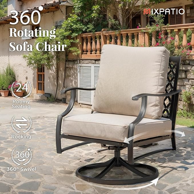 Patio Furniture Set 6 pcs, Outdoor Patio Furniture, 3-Seat Sofa, 2 Swivel Chairs, 2 Ottomans, Coffee Table and 5.75" Extra Thick Cushion, Patio Conversation Set,Beige