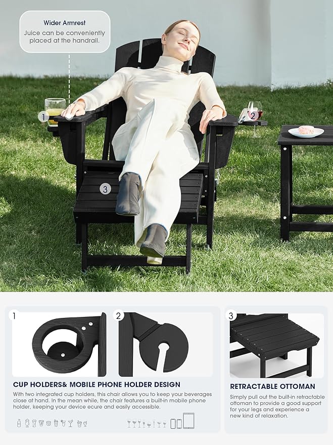 KINGYES Folding Adjustable Adirondack Chair with Retractable Ottoman, HDPE Reclining Adirondack Chair with Cup Holder, Black