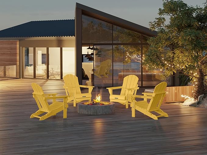 MUCHENGHY Folding Adirondack Chairs, Patio Chairs, Lawn Chairs, Outdoor Chair, Adirondack Chair Plastic, Fire Pit, Weather Resistant with Cup Holder for Deck, Backyard, Garden(Olive Yellow)