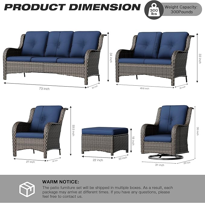 Joyside Wicker Patio Furniture Sets 8 Piece Set with 3-Seat Sofa, 2 Swivel Rocking Armchairs, 2 Armchairs, 2 Ottoman and 1 Side Table Wicker Outdoor Furniture Sectional Conversation Set, Blue