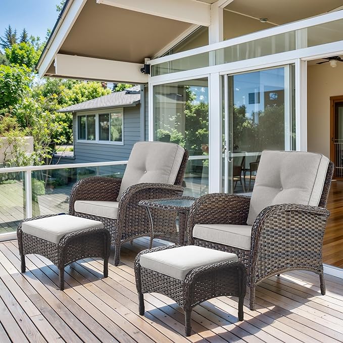 HUMMUH 5 Pieces Patio Furniture Set Wicker Outdoor Bistro Chairs with Ottomans Glass Top Side Table,Outdoor Conversation Set for Porch Deck Backyard Poolside