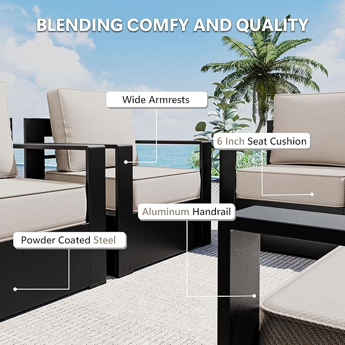 Outdoor Patio Furniture Set, 4-Piece Aluminum Patio Conversation Set All-Weather Metal Outdoor Sectional with 6 Inch Thick Cushions, Deep Setting for Garden, Outside and Porch