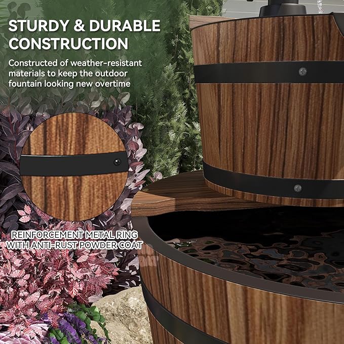 Aoxun 3-Tier Outdoor Water Fountain, Wood Barrel Cascading with Electric Decorative Hand Pump, Rustic Waterfall Fountain for Garden, Backyard, Patio, Porch, Yard