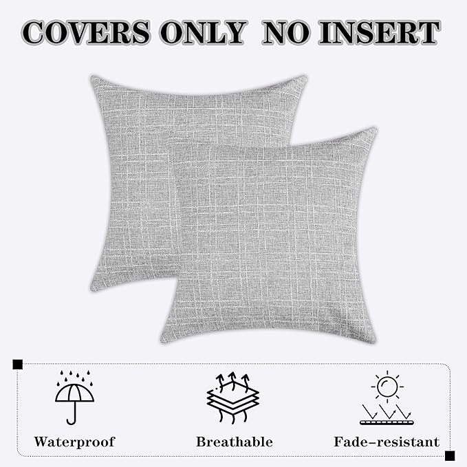 Kevin Textile Pack of 2 Outdoor Waterproof Pillow Covers Throw Pillow Covers Decorative Pillowcases Checkered Weaving Linen Pillow Cases for Sofa Couch Patio Garden 24x24 Inch Grey