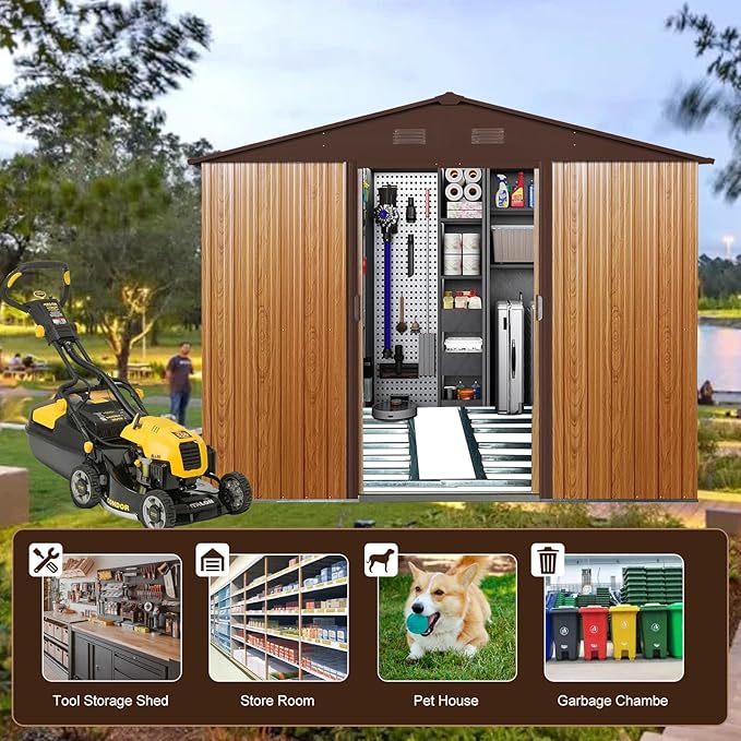 Favfurish 10x8 FT Outdoor Storage Shed, Garden Tool House with Metal Floor Base, Double Sliding Doors, Air Vents, Storage Clearance for Backyard, Patio, Garage, Lawn, Coffee