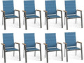 PHI VILLA Outdoor Stackable Chairs, Patio Chairs Set of 8, Light Weight Aluminum Frame with Textilene Fabric & Wood Armrest, High Back Deck Chairs for Poolside Lawn Garden, Blue