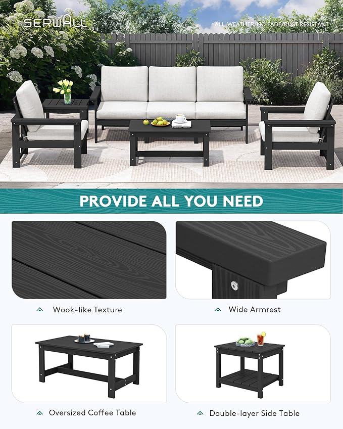 SERWALL HDPE Patio Furniture Set, 7-Piece Outdoor Sectional Sofa Set, All Weather Outdoor Couch Set for Deck, Lawn, Black Frame with Khaki Cushion