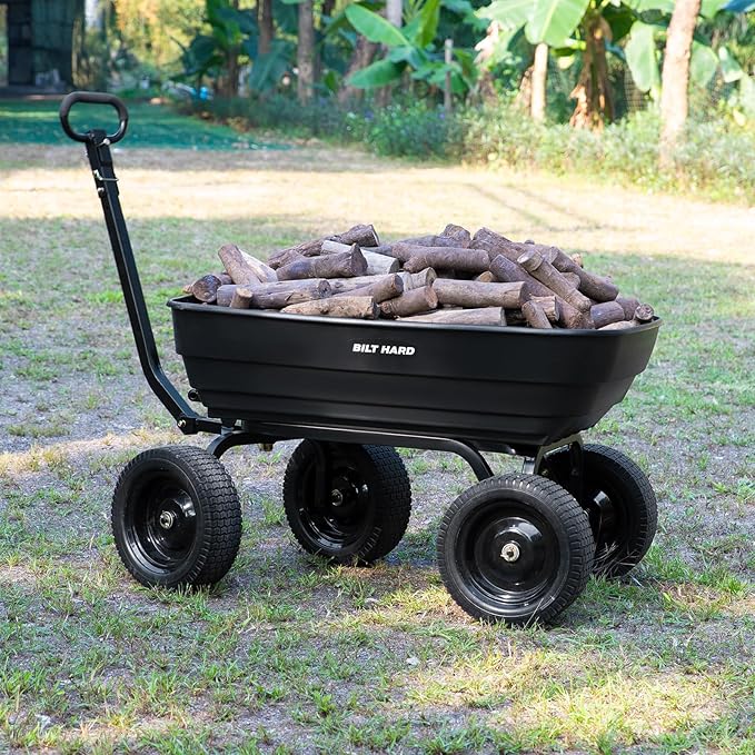 BILT HARD 7 Cu Ft Poly Garden Dump Cart 1200 lbs with No Flat Tires, Quick Release, 2-in-1 Convertible Handle, Dump Wagon Heavy Duty for Yard, Outdoor