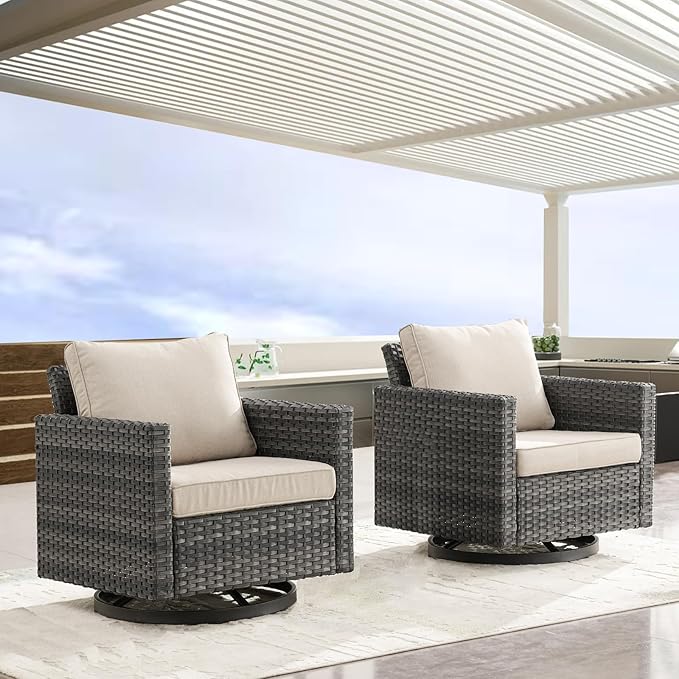 Luxury Outdoor Swivel Rocker Patio Chairs Set of 2, Swivel Patio Chairs for Porch, Yard, Deck, Poolside, Grey/Beige