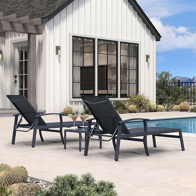 PURPLE LEAF Chaise Lounge Chair Outdoor 2 Pieces Pool Lounge Chairs 5 Adjustable Position with Armrests and Side Table Aluminum Patio Lounge Chair for Outside Backyard Beach Pool, Grey