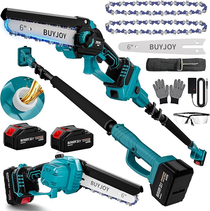 2-in-1 Cordless 6 in Pole Saw for Tree Trimming,15.5 ft Extended Reach Electric Saw with 180° Adjustable Head, Brushless Motor, 2 x 1300 Ah High-Capacity Batteries & Extra Chain