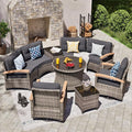 MEISSALIVVE 9 Piece Outdoor Patio Furniture Set, Half-Moon Curved Sectional Sofa Rattan Conversation Set with 2 Wood Armrests Swivel Rocker Chairs, Round Coffee Table & Side Table（Grey）
