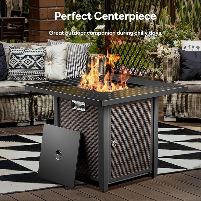 6 Pieces Patio Furniture Set with Fire Pit Table, Wicker Rattan Outdoor Furniture Set with Loveseat and Swivel Chairs for Yard, Deck, Garden, Yellow Wicker/Beige Cushion
