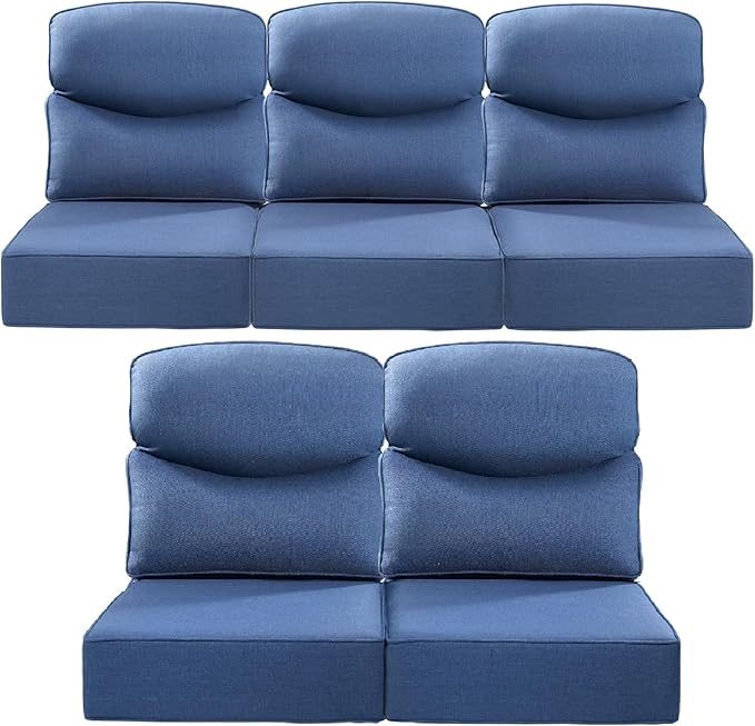 Luxury 22x24/22x25 6-Inch Smile Outdoor Cushions for Patio 5 Piece Set - Set of 5 Zippered Outside Pillows for Wicker Dining Rocking Swivel Chairs Loveseat Couch Sectional Sofa - Navy Blue