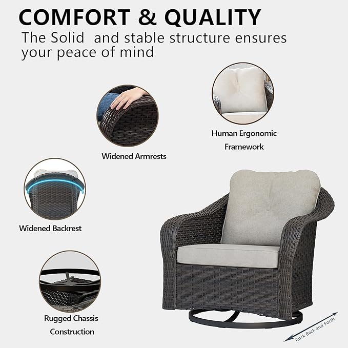 Wicker Swivel Rocking Chairs Set 2 with Storage Side Table - Outdoor Brown Wicker Swivel Glider Chair Outdoor Rocking Chair with Water-Resistant Cushions, Beige