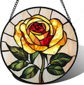 Stained Glass Window Hanging - Elegant Yellow Rose Flower Sun Catcher for Door Garden Home Decor Suncatcher Christmas Mother's Day Birthday Gifts for Women Mom Girl Nana Friend 11.8 in