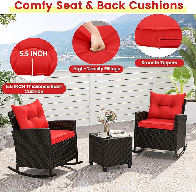 ORALNER 3 Pieces Wicker Rocker Set Patio Furniture Set, Outdoor Rocking Chairs with Soft Cushions, Glass Coffee Table, Rattan Conversation Bistro Set for Front Porch Balcony Garden Deck Poolside (Red)