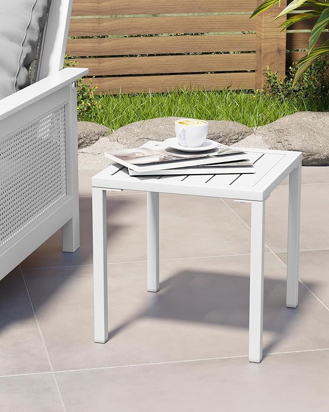 Crestlive Products Aluminum Outdoor Side Table, Pool Lounge Chair Side Table, Weather Resistant Small Square Coffee End Table for Patio, Yard, Garden, Porch, Deck, Indoor, Outdoor (White)
