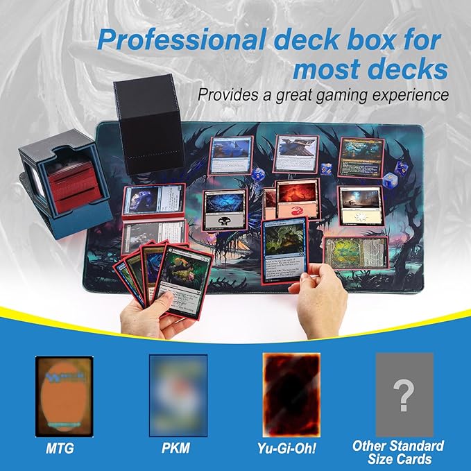MTG Deck Box, Double Display Window MTG, Commander Deck Box Fits 120+ Single Sleeved Cards, PU Leather Magnetic Closure Card Box with 2 Dividers&2 Toploaders for TCG, CCG, Black/Blue