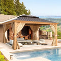 YOLENY 10'x12' Hardtop Gazebo, Wooden Finish Coated Aluminum Frame Canopy with Galvanized Steel Roof, Outdoor Metal Gazebos with Curtains and Nettings for Patio, Backyard, Deck and Lawns
