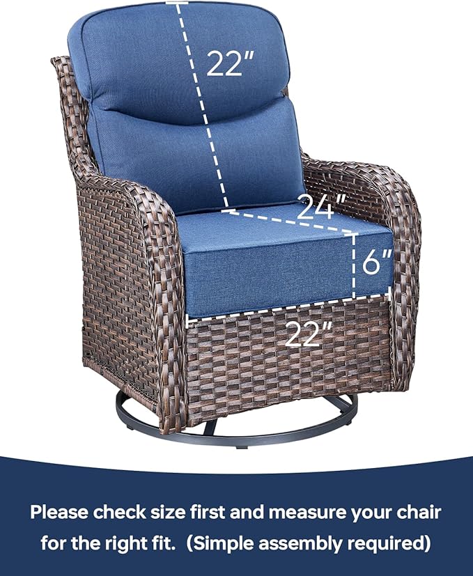 Luxury 22x24/22x25 6-Inch Smile Outdoor Sofa Cushions Set of 3 - Memory Foam Deep Seat Patio Furniture Cushions for Wicker Dining Chair Loveseat 3-Seater L-Shape Sectional Sofa - Navy Blue