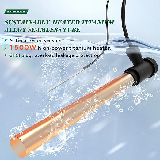 1500W Titanium Fully Submersible Portable Electric Immersion Large Pool & Hot Tub Water Heater with LCD Thermostat & GFCI Leakage Protection, Ideal for Baptistry, Bathtub, Bucket, Swimming Pool (GY)