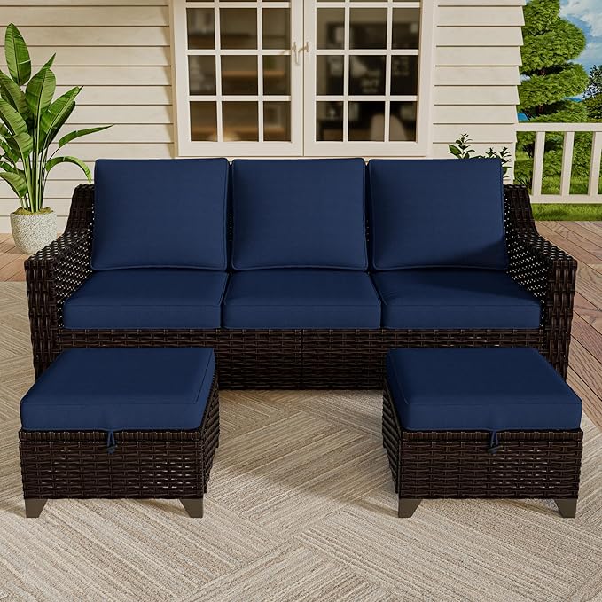 Vista Vibe 3 Pieces Outdoor Patio Conversation Furniture Set - 78" 3-seat Sofa | 2 Wicker Ottomans, Deep Seat Loveseat with Removable Cushions, Hand-Woven PE Rattan Couch, Lawn (Brown/Navy)