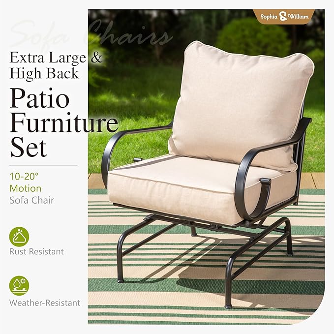 Sophia & William 4 Piece Patio Furniture Set, Outdoor Conversation Sets 5 Seat Clearance with 3-seat Sofa x 1, Rocking Chair x 2, Metal Coffee Table x 1 for Front Porch Lawn, Beige