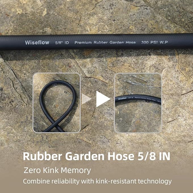 WiseFlow Garden Hose 50FT x 5/8", Heavy Duty Rubber Hose, Water Hose with Five Layered Braiding, Male Female Fittings, 1000PSI Burst, 300PSI Working (Black)