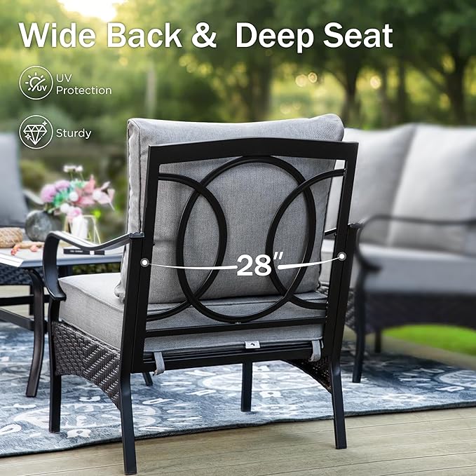 PHI VILLA Patio Furniture Set with 56" Fire Pit Table, Premium Outdoor Wicker Metal Frame Furniture with Upgraded Waterproof Thick Cushions for Porch, Poolside, Deck, and Yard