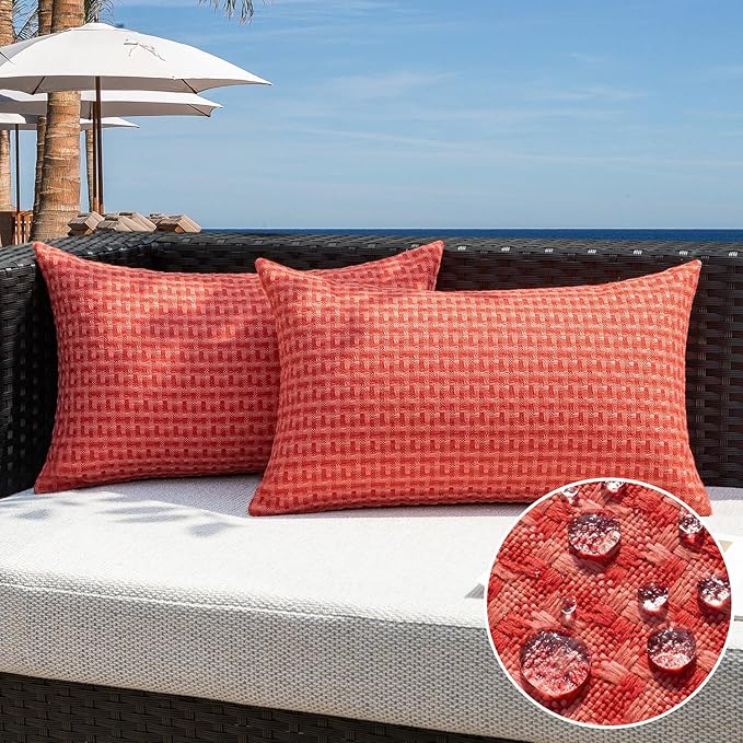Kevin Textile Outdoor Waterproof Throw Pillow Covers Pack of 2 Farmhouse Decorative Cushion Covers for Garden Patio Tent Balcony Bench Couch Sofa 12x20 Inch, Red