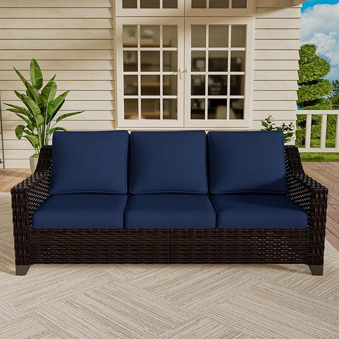 Vista Vibe 78" Patio Wicker 3-seat Sofa, Deep Seat & Upholstered Loveseat, Outdoor All-Weather Rattan Couch with Removable Cushions, Steel Frame Couch for Garden, Poolside (Brown/Navy)