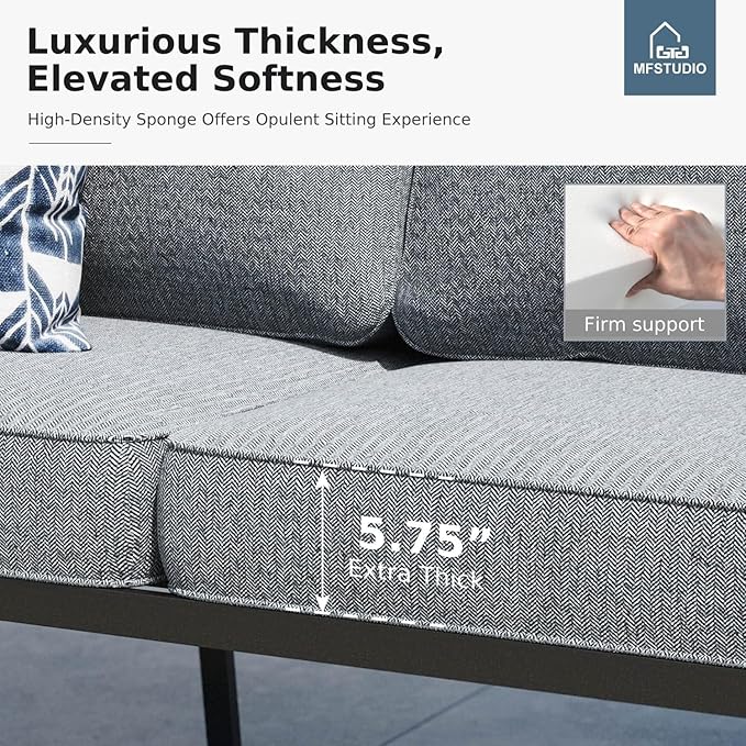 MFSTUDIO 4 Pieces Patio Conversation Set, 5 Seats Metal Patio Furniture Sets with 1 x 3-Seat Sofa, 2 Single Chairs,1 Coffee Table, All Weather Steel Patio Sets with 5.75inch Grey Cushion for Garden