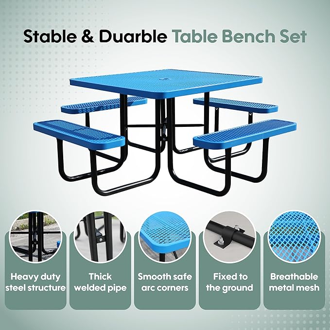 46Inch Square Picnic Table for 8 Person, Outdoor Heavy Duty Sturdy Picnic Tables with 4 Benches & Umbrella Hole, Commercial Metal Patio Picnic Table for Garden, BBQ, Coffee Store, Party, Porch (Blue)