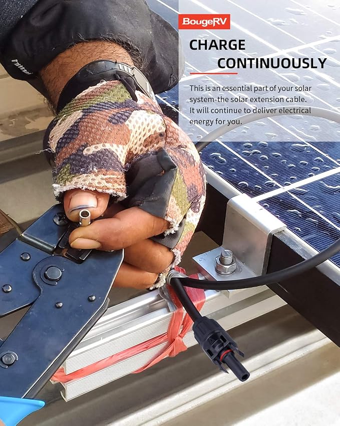 BougeRV 50 Feet 10AWG Solar Extension Cable with Female and Male Connector with Extra Pair of Connectors Solar Panel Adaptor Kit Tool (50FT Red + 50FT Black)