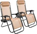 Elevon Zero Gravity Chair Set of 2 with Cup Holder & Removable Pillows, Adjustable Reclining Outdoor Patio Folding Chairs Portable Lounge Chair Furniture for Poolside, Lawn, Beach, Camping, Beige