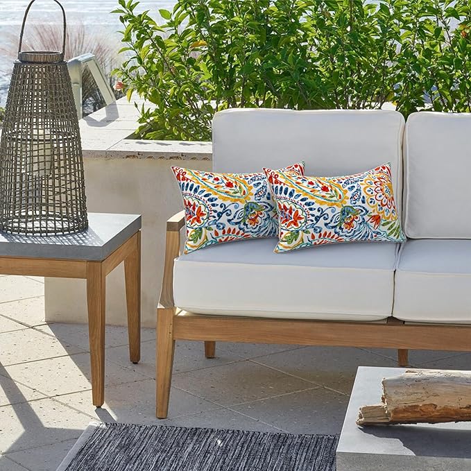 LVTXIII Set of 2 Outdoor Lumbar Pillows for Patio Furniture with White Piping, 12"x20" Fade Resistant Patio Lumbar Pillows with Inserts for Home Coach Sofa Use, Paisley Multi