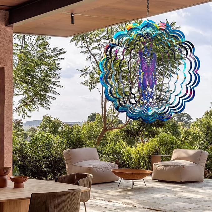 Butterfly Wind Spinners Outdoor - 12 inch Butterflies Outdoor Hanging Wind Sculptures Birthday Gifts for Women, Mom, Grandma, Gardening for Garden Decor for Outside, Patio, Yard, Lawn, Balcony