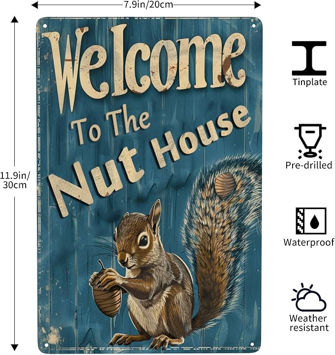 Funny Squirrels Signs Welcome To The Nut House Squirrels Stuff For Indoor Outdoor Decor 12x8 Inches (Navy)