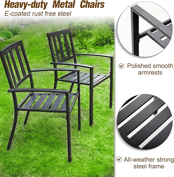 PHI VILLA 7 Piece Outdoor Dining Set for 6, 60” Rectangular Metal Steel Dining Table with Umbrella Hole & Stackable Dining Chairs for Patio, Deck, Yard, Garden