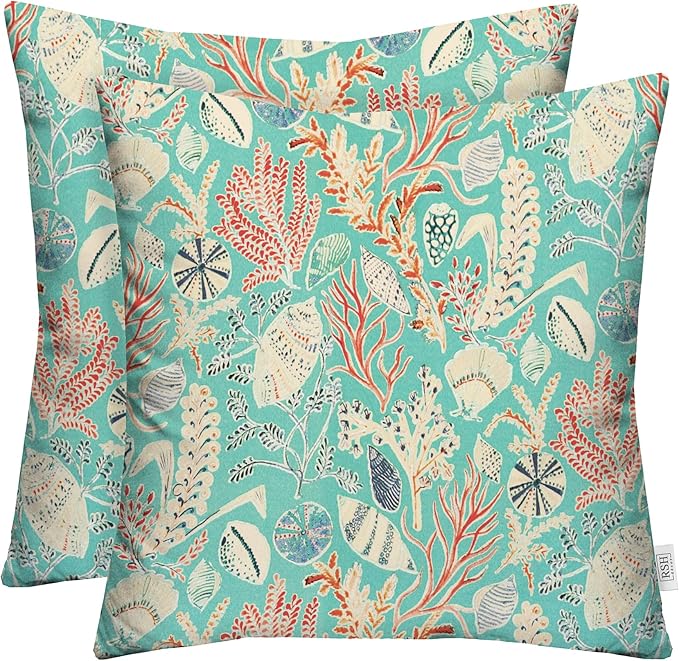 RSH DECOR: Square Throw Pillows Set of 2 | 17” x 17” | All-Weather Spun Fabric | Water and Fade-Resistant | Outdoor Accent Pillows for Patio Furniture | Blue Ocean Life