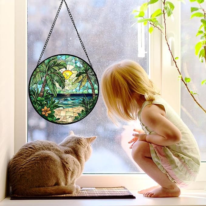 Stained Glass Window Hanging, Green Beach Scenery Suncatcher Diamond Glass Panel Hangings Sun Catchers Decor for Birthday for Women, Men, Wife, Aunt, and Mom 11.8x11.8 in