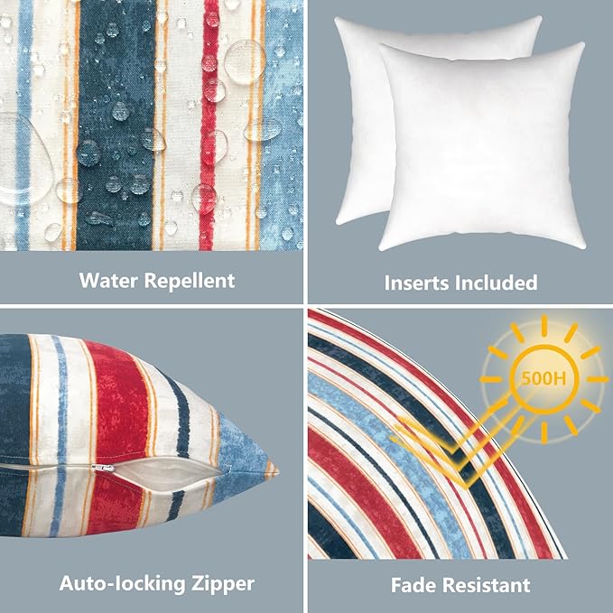 LVTXIII Outdoor Throw Pillows, Decorative Throw Pillows with Inserts, 20"x20" Square Pillows for Bed, Couch, Sofa and Patio Furniture, Set of 2, Stripe Red Blue