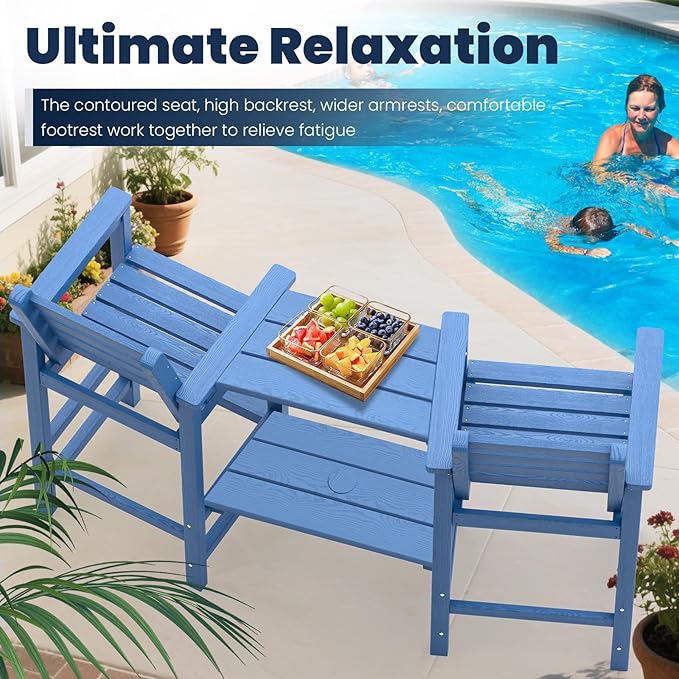 Tall Adirondack Chairs Set of 2, All Weather HDPE Poly Bar Height Balcony Adirondack Chair with Removable Double Connecting Trays, Outdoor Adirondack Barstools for Deck, Patio, Yard, Pool, Lawn