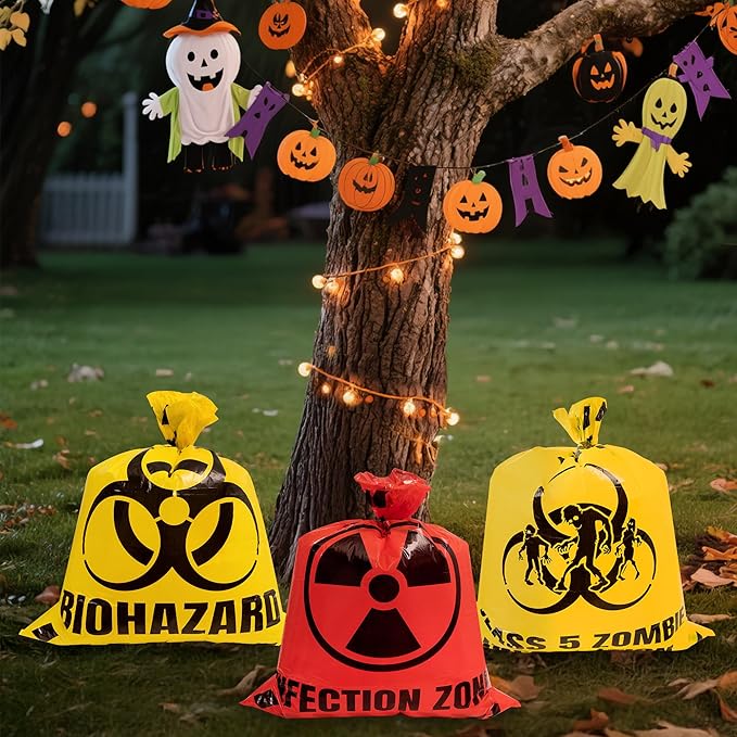 CNhoqc Halloween Lawn Trash Bags - 6Pcs Zombie Warning Reusable Waste Bags with Twist Ties, Fallen Leaf Grass Clipping Trash Container, Heavy-Duty Plastic for Biohazard Parties Outdoor Decorations