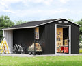 Jocisland Outdoor Storage Shed 10.6x10.3x6.3 FT, Rolling Door Shed with Dual 4-Pane Windows for Wood Storage, Dark Grey/White