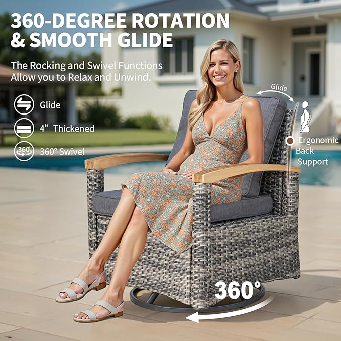 MEISSALIVVE 7 Pieces Patio Furniture Sets, PE Wicker Outdoor Conversation Sets with 2 Wood Armrests Swivel Rocker Chairs, 2 Ottomans, 3-seat Sofa and Dining Table (Grey)