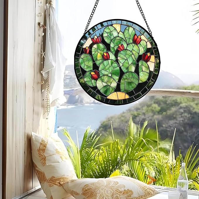 Stained Glass Window Hanging - Green Cactus Suncatcher for Doors Garden Patio Retro Plants Sun Catchers Decor Christmas Mother's Day Birthday Gifts for Women Men Mom Nana Friend 9.8 in
