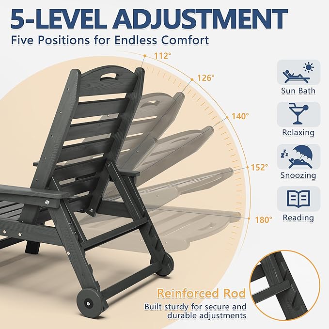 Patio Chaise Lounge Chair Set of 4, HDPE Outdoor Lounge Chairs with 5-Position Adjustable Backrest, Cup Holder and Wheels, 450lbs Capacity for Poolside Deck Backyard, All Weather Material(Gray)